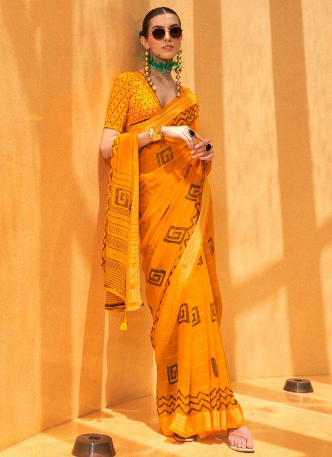 Georgette Mustard Festival Wear Printed Saree